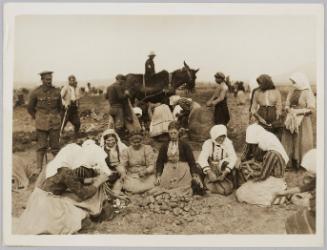 To give employment to the Macedonian women refugees the army service corps has started a potato farm-the women plant the potatos over ground that has been tilled by Bulgar & Turkish prisoners