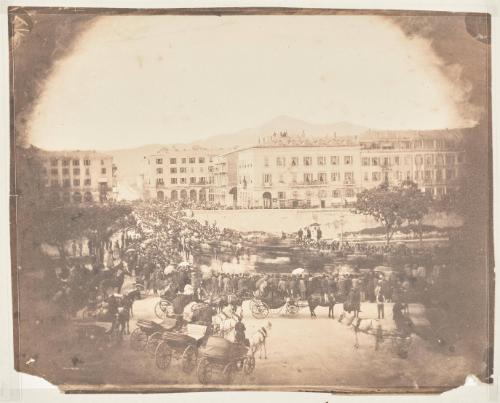 The Funeral Procession of Grand Duke Nicholas of Russia, crossing the Pont Neuf, Nice, on 28th April, 1865. Photographed from a window of a building on the Place Charles-Albert