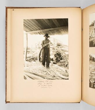 Stripping white oak strips for splints for basket making, Odanak, P.Q. Page 12 of The Abenaki; from collection of Canadian albums compiled by Edith S. Watson, 1890s-1930s