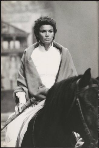 Florinda Bolkan on horse back on the set of Flavia the Heretic