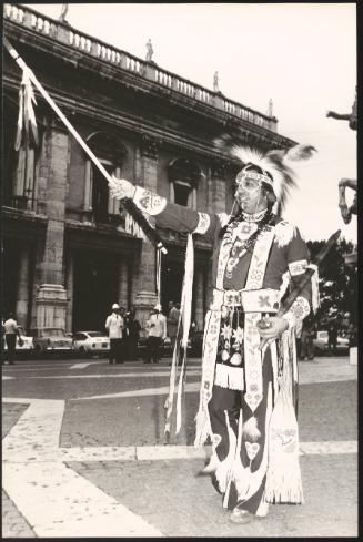 Dr. Adam Fortunate Eagle L.H.D., hereditary member of the Ojibwa Nation wears traditional Native American dress