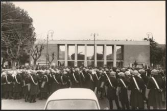 A large number of guards in riot gear gather outside Rome University on 2 February 1977, after a confrontation during a protest of the 'autonomous (unaffiliated) party'