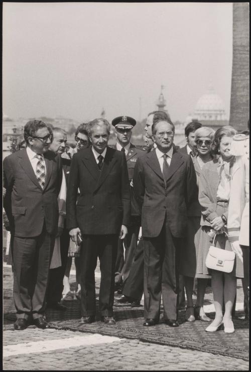 Italian President Giovanni Leone, Prime Minister Aldo Moro and U.S. Secretary of State Henry Kissinger at an event in Rome on the 5th November 1974