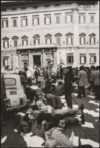 Earthquake victims who lost their houses in Sicily, Valle del Belice, protesting outside the main doorway to Parliament for new housing promised to them years ago and still not built 