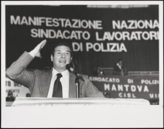 A man speaks at National Trade Union of the Police Force event, October 1977
