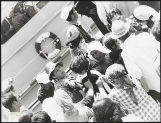 Residents of Filicudi board a boat for Lipari, where they would all move in peaceful protest at the internment of 15 Mafia members on their island