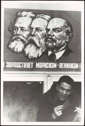 A PCI meeting under a poster depicting Marx and Lenin in the Tor de Schiavi district, Rome