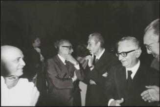 Amintore Fanfani, Mariano Rumor, Amintore Fanfani and Giovanni Leone socialising at an unspecified political event