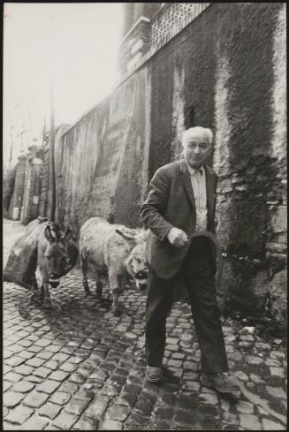 A man holding a scythe is followed by two donkeys