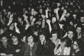 Group of young socialist demonstrators with their fists raised in the air