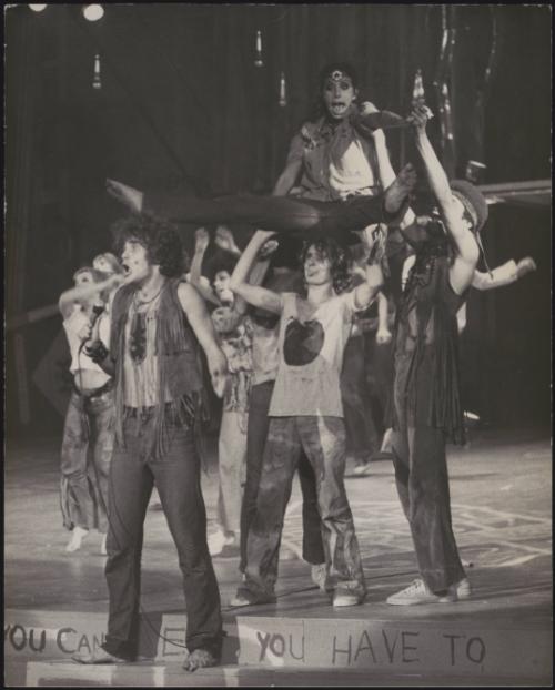 The Italian cast of 'Hair' the musical led by Carlo De Mejo as Claude, performing on stage