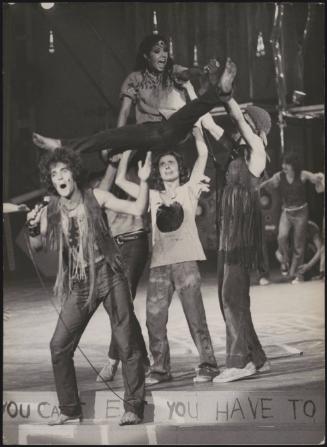 The Italian cast of 'Hair' the musical led by Carlo De Mejo as Claude, performing on stage