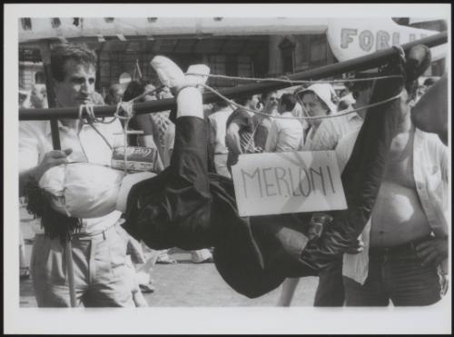 General Strike 1982. Striking workers of Merloni industries (Indesit Co) with a puppet of Vittorio Merloni, the company owner, strung to a pole
