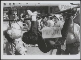 General Strike 1982. Striking workers of Merloni industries (Indesit Co) with a puppet of Vittorio Merloni, the company owner, strung to a pole