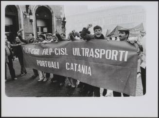 A demonstration by Sicilian transport workers in the city of Catania, on Sicily's east coast. FILT-CGIL and FILP-CISL are port workers' unions, under the Italian Federation of Transport Workers.