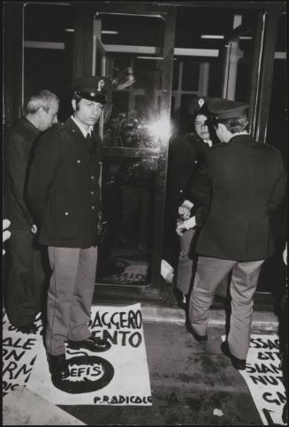 Members of the Radical Party with placards at RAI TV studio headquarters