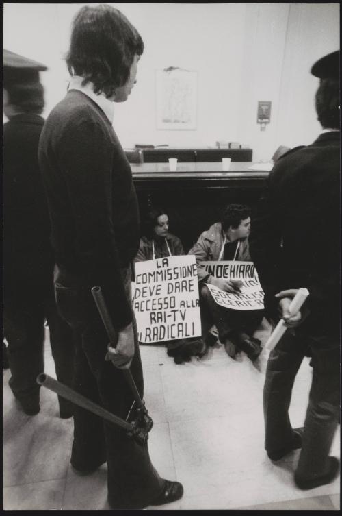 Members of the Radical Party with placards at RAI TV studio headquarters