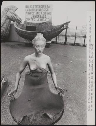 Theatrical props exhibited outside the occupied De Laurentiis film factory in Cinecittà, Rome