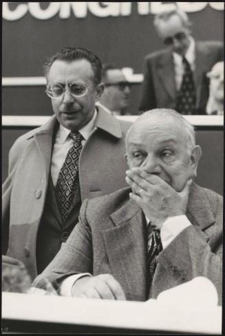 Socialist ministers Giovanni Pieraccini (standing) and Francesco De Martino (seated) at a meeting of congress