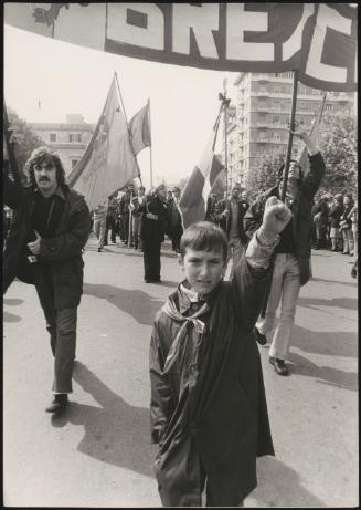 Portrait of a boy at a left wing demonstration