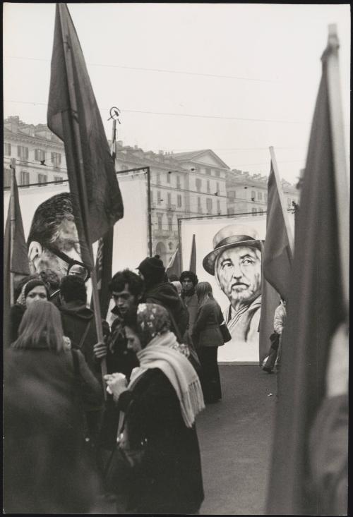 Flags and portraits of Pinochet at a Pro Chile demonstration in Rome