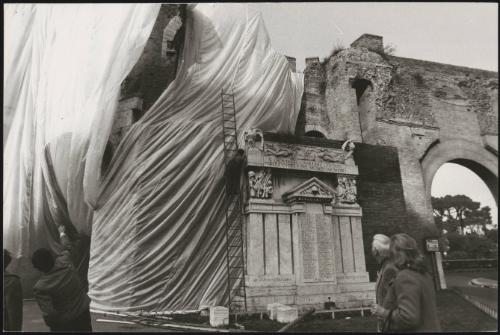 The Wall – Wrapped Roman Wall, Via Veneto and Villa Borghese, Rome, Italy, 1973-74; by artists Christo and Jeanne-Claude