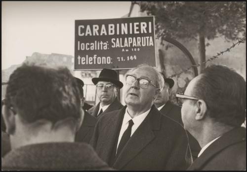 President of the Republic Giuseppe Saragat talks to displaced residents in Salaparuta, Sicily after the Belice earthquake, 1968