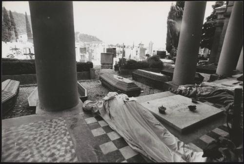 Victim's bodies lie covered, ready to be lain in coffins and buried in Osoppo cemetery after the Friuli earthquake in 1976