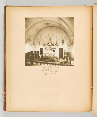 Interior of the church at Notre Dame des Sept Douleurs, Isle Verte, Que. Page 46 of Quebec II; from collection of Canadian albums compiled by Edith S. Watson, 1890s-1930s
