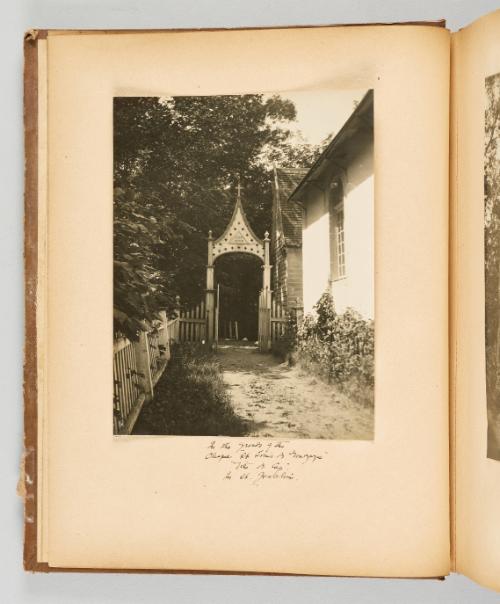 [In the grounds of the Chapel, "St. Louis de Gonzague", "Tite de Cap", In St. Joachim] Page 4 of Quebec II; from collection of Canadian albums compiled by Edith S. Watson, 1890s-1930s
