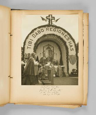 Celebrating High Mass at the time of the Blessing of the Corner stone for the new cathedral, Ste. Anne de Beaupré. Page 45 of Ste Anne de Beaupré; from collection of Canadian albums compiled by Edith S. Watson, 1890s-1930s