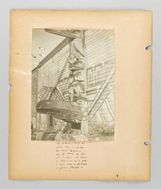 The Thunder Bird at Alert Bay, is perhaps the most imaginary of all the totems. His beak is hinged and can be made to open when a potlach or feast demands it [Page 16 of Alert Bay, Queen Charlotte Islands, and Victoria, B.C. album]