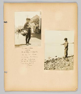 [Boy selling flowers; boy at rocky shore] [Page 43 of Children album]