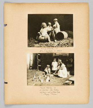 Halifax children at play in the shadow of a codfish warehouse ; Inscribed below lower print recto: French children of St. Joachim, Que. making wigwams out of birch bark. Playing Indians! [Page 13 of Children album]