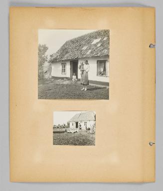 [A woman feeds chickens and roosters as a girl looks on] [Page 4 of New Canadians album]