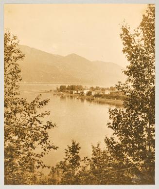 [View of lake seen between archway of greenery]