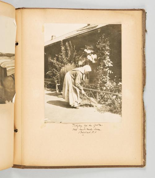 Tidying up her garden with hand-made broom, Brilliant, B.C [Page 81 of The Doukhobors II album]