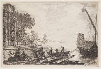 Harbour scene with rising sun