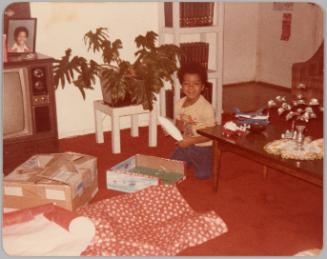 [Young boy kneeling on red carpeted floor, open package and wrapping on floor]