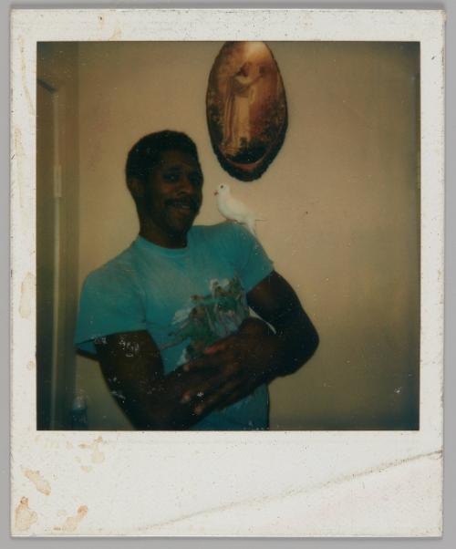 [Man in blue t-shirt standing inside with his arms crossed, there is a white bird perched on his shoulder]