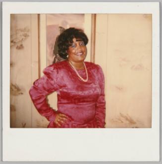 [Woman in pink dress and white necklace standing with one hand on hip, she is in front of a framed picture]