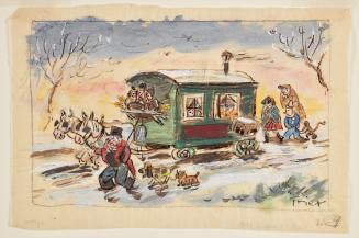 Horse-drawn caravan in winter, people walking beside and behind