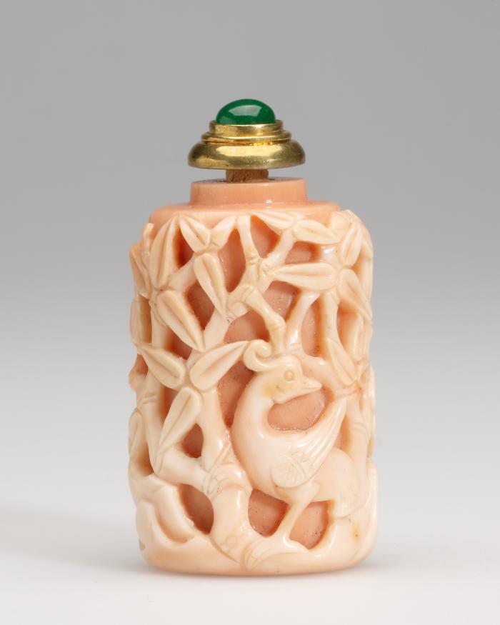 Snuff Bottle, with carved birds and bamboo