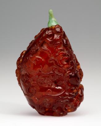 Snuff Bottle, with carved monkeys hunting for ripe peaches on a fruit-laden tree