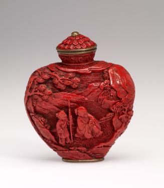 Snuff Bottle, with carved landscape with sage and attendant