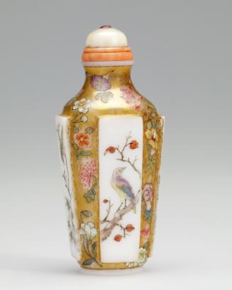 Snuff Bottle, with painted bird and floral design on gold ground