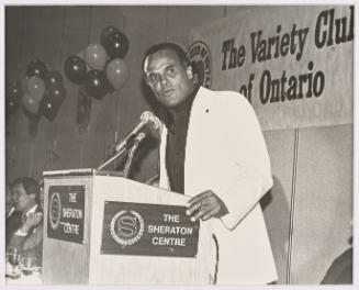 Harry Belafonte speaks at the Variety Club Luncheon for the Toronto Argos at the Sheraton Centre