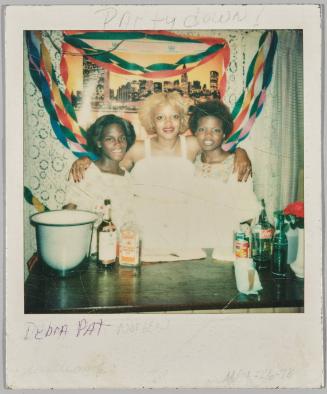 Party down! Debra Pat Noreen [illeg.] May 26-78 [Three women standing behind bar with streamers behind them]