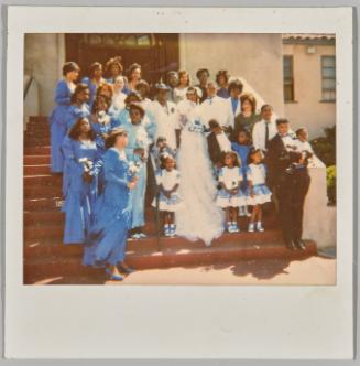 [Wedding party standing on staircase, everyone is wearing blue]
