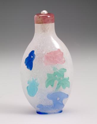 Snuff bottle in glass with a butterfly and beetle and a red flower on which a quail is perched